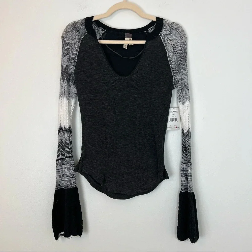 Free People Sunshine Thermal Knit Bell Sleeve Top Black Small Boho Casual Winter